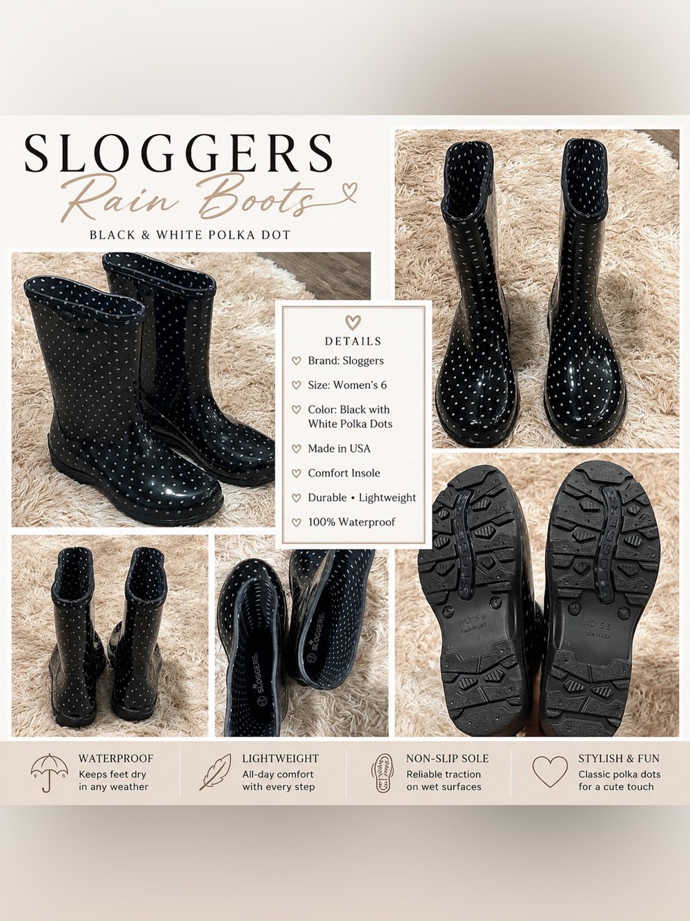 Sloggers Rain Boots Black with White Polka Dots - Women’s size 6